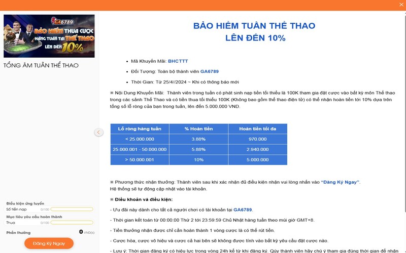 Hoàn tiền 20% nếu thua trong tuần đầu tiên